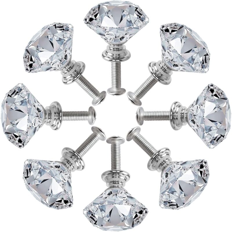 8er-Pack silberne Schranktürknöpfe mit Kristallen, Zinklegierung mit Diamantschliff, mit Schraubknöpfen für Schränke, Kleiderschränke, Schubladen,