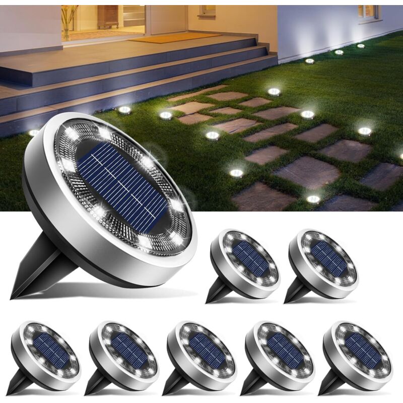 8er-Pack Solar-Bodenleuchten, 8 wasserdichte LED-Außenleuchten mit Solarbetrieb für Wege, Rasenflächen, Terrassen, Einfahrten, Höfe, Pools, Kaltweiß