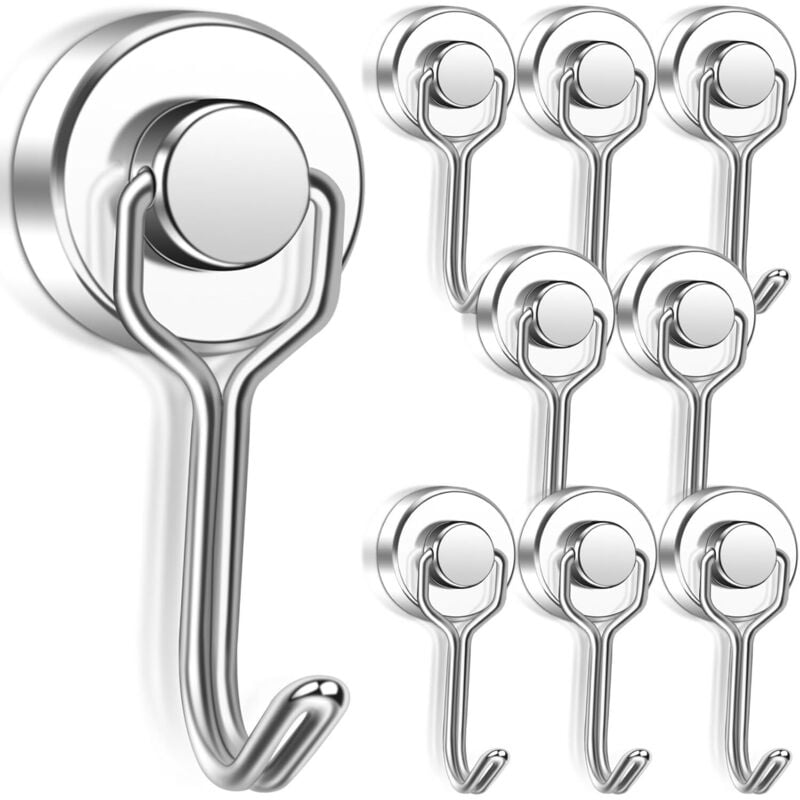 8er-Packung 20 mm extra starke Magnethaken für Eisentüren, Kühlschränke, Küchen, Kleiderschränke und Büros (groß, silber)
