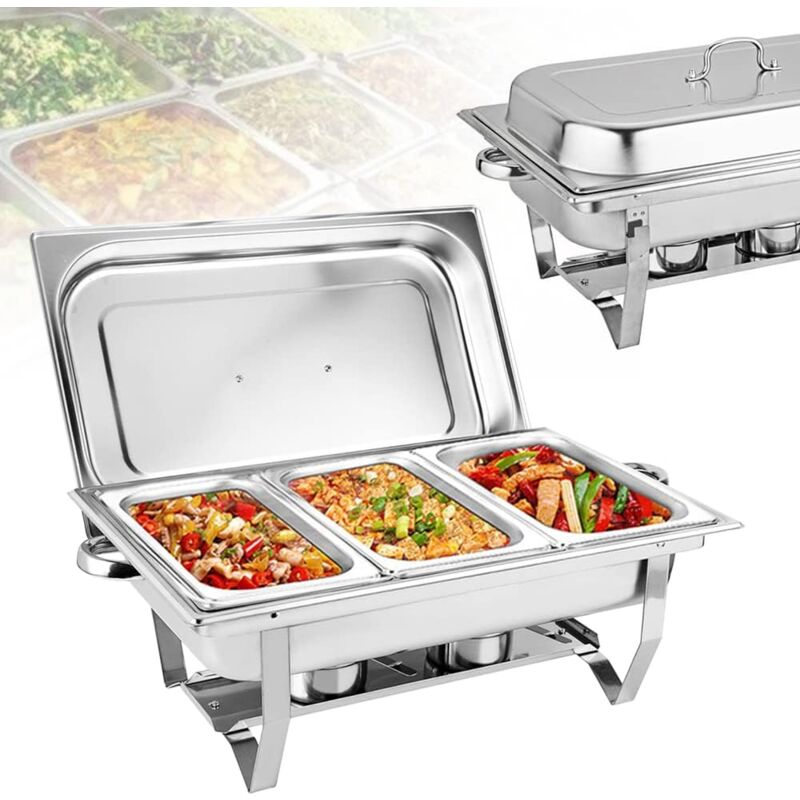9 l Edelstahl 3 Grid Chafing Dish Speisenwärmer Warmhaltebehälter Warmhaltegerät mit Deckel und Kraftstoffbehälter, Buffetserver aus Edelstahl für