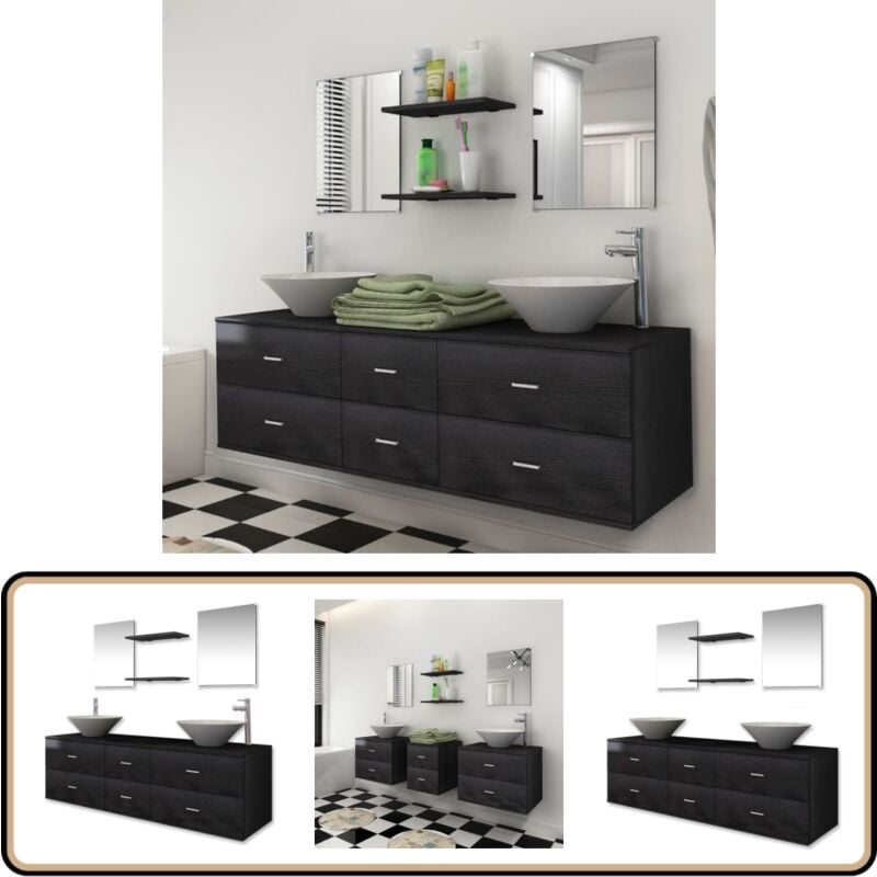 Vidaxl - 9-tlg. Badmöbel-Set mit Waschbecken und Wasserhahn Schwarz - Badmöbel - Badmöbel-Set - Waschtisch - Waschbecken - Spiegelschrank