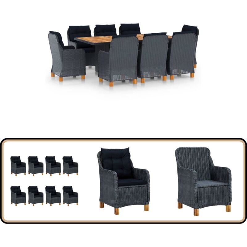 9-tlg. Garten-Essgruppe mit Auflagen Poly Rattan Dunkelgrau - Gartenmöbel - Essgruppen - Outdoor Furniture - Rattan Gartenmöbel - Poolside Lounge