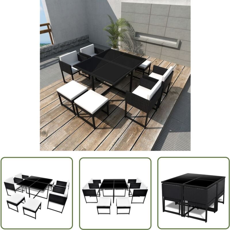 The Living Store 9-tlg. Garten-Essgruppe mit Auflagen Poly Rattan Schwarz - Gartensessel - Esstisch - Gartenmöbelset - Rattan Möbel - Outdoor Möbel