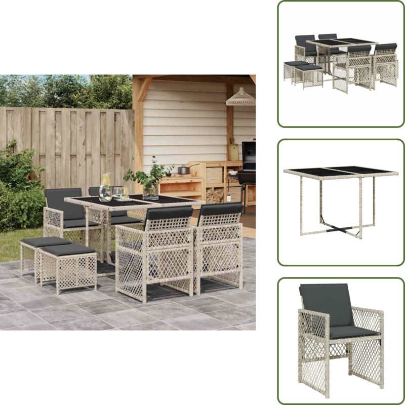 9-tlg. Garten-Essgruppe mit Kissen Hellgrau Poly Rattan - Gartenmöbel - Essgruppen - Rattan Möbel - Outdoor Möbel - Balkonmöbel