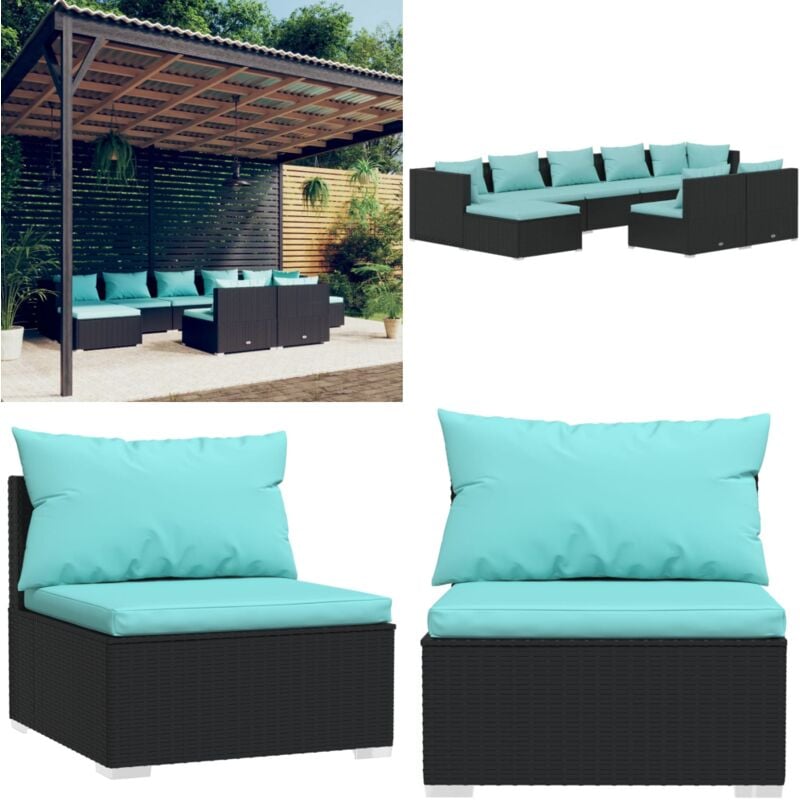 9-tlg. Garten-Lounge-Set mit Kissen Schwarz Poly Rattan - Garten Lounge Set - Outdoor Möbel - Terrasse Möbeln - Rattan Gartenmöbel
