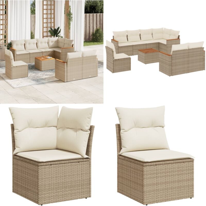 9-tlg. Garten-Sofagarnitur mit Kissen Beige Poly Rattan - Gartenmöbel Set - Outdoor Lounge - Rattan Gartenmöbel - Esstisch Set - Balkonmöbel - Home &