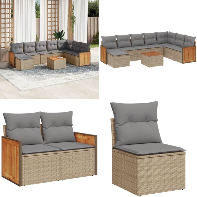 9-tlg. Garten-Sofagarnitur mit Kissen Beige Poly Rattan - Gartenmöbel Set - Rattan Möbel - Outdoor Möbel - Lounge Set - Esstisch Set - Home & Living