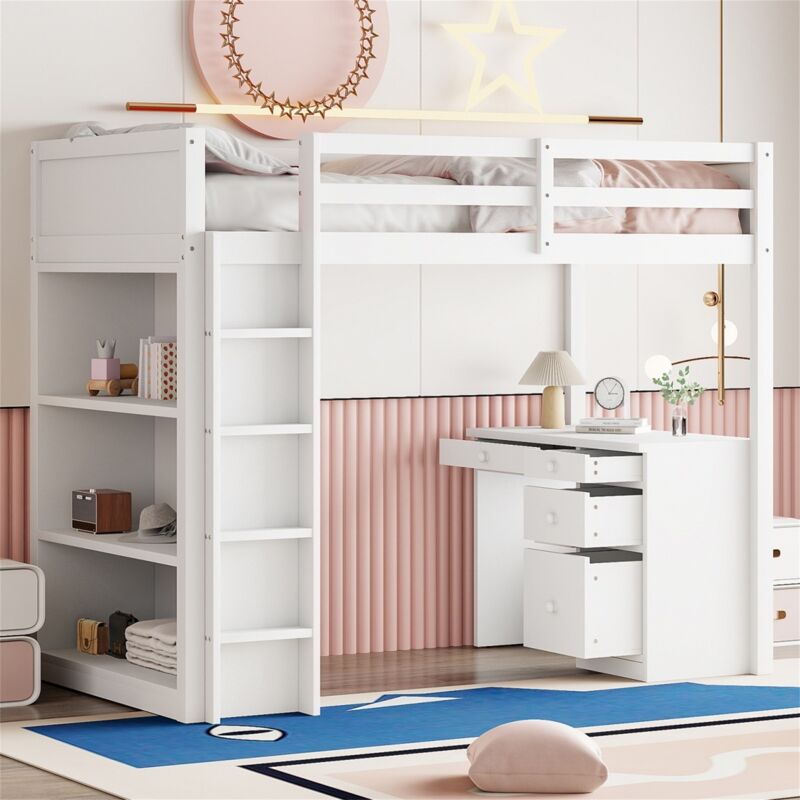 90x200 cm Hochbett mit Stauraum und Computertisch – mit Leiter und Absturzsicherung – mit 4 Schubladen – Kiefer + Sperrholz + MDF – geeignet für