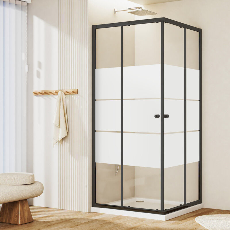 Duschkabine Eckeinstieg Schwarz 90x90x185cm mit Schiebetüren Gestreift Eckeinstieg Duschkabine Duschabtrennung Dusche Duschwand 5mm esg Glas links &