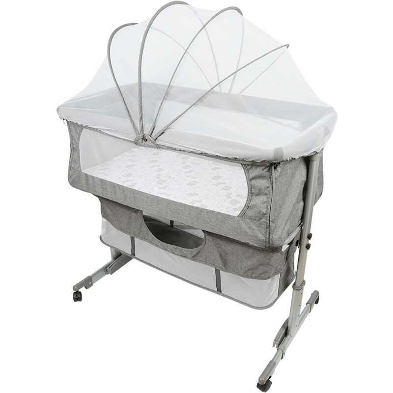 Skecten® Babywiege, Reisebett für Babys mit Matratze,Babybett 4 Räder,Schaukelsystem,Höhenverstellung,Moskitonetz(Grau)