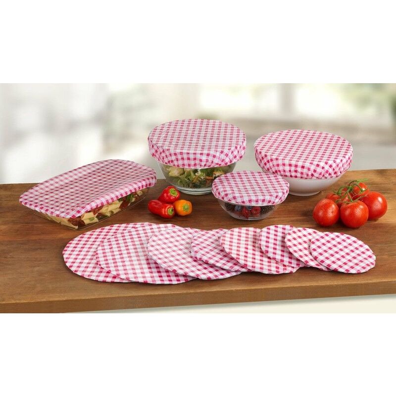 Wenko - Topf Hauben Set 12-teilig Karo Gummizug Abdeckung Küchen Töpfe Schüsseln - rot