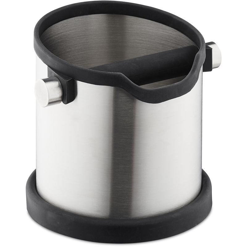 Relaxdays - Abklopfbehälter Kaffeesatz, Gummi-Abklopfstange, für Siebträgermaschine, Abschlagbehälter, Edelstahl, silber