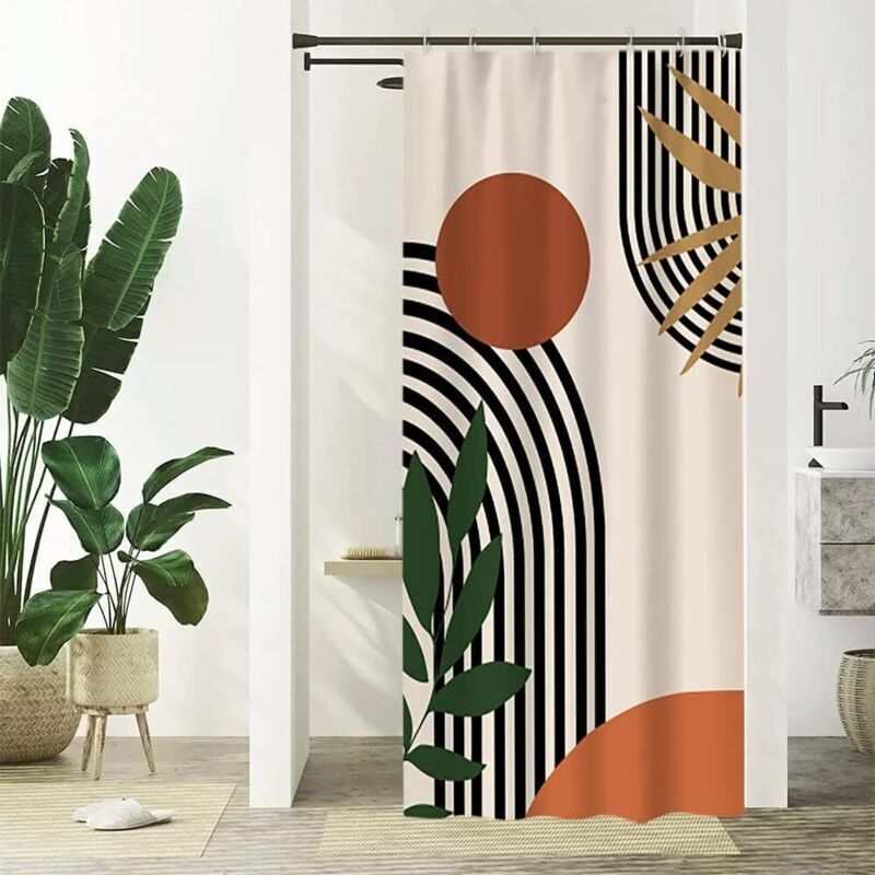 Abstrakter Duschvorhang (120 x 180 cm), Terrakotta, geometrische schwarze Linien, moderner minimalistischer Duschvorhang, schimmelresistent,