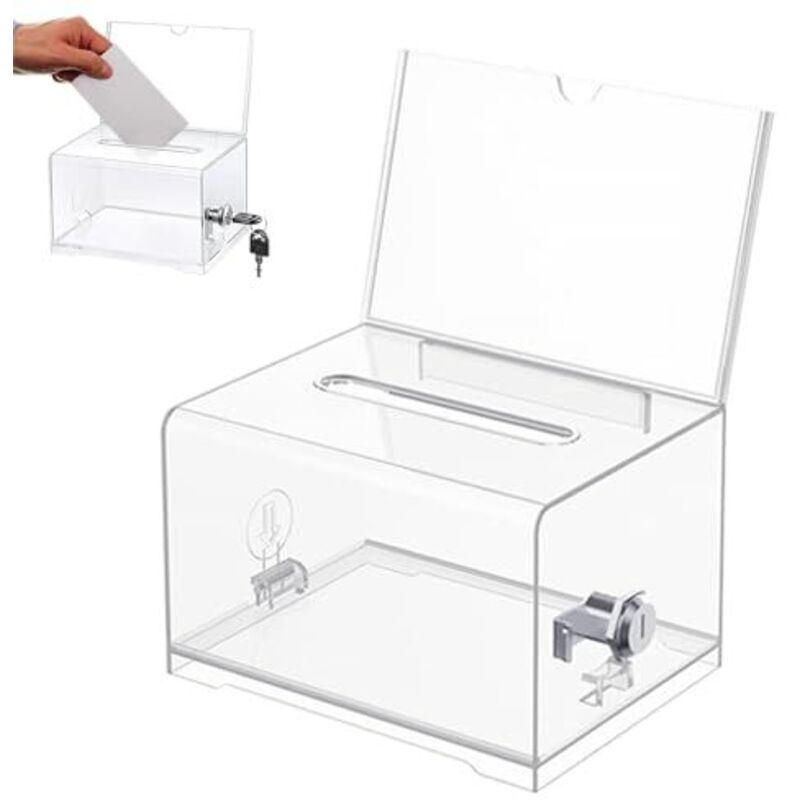 Acryl-Spendenbox, abschließbare Spendenbox, transparente Wahlurne mit Schlüsselschloss, transparente Spardose, mit Aufkleber, für Abstimmungen,