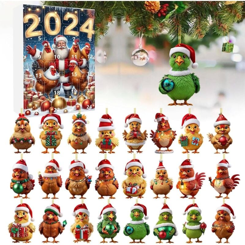 Adventskalender 2024 – 2D-Adventskalender mit Weihnachtsmütze – hängende Heimdekoration für Weihnachtsfeier – Henne-Design – 24 Tage – Huhn