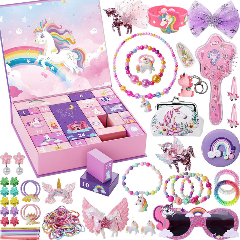 Adventskalender 2024 für Mädchen, Teenager, kleine Mädchen, Einhorn, Prinzessin, Adventskalender mit Kinderschmuck, Haarschmuck, wiederverwendbarer