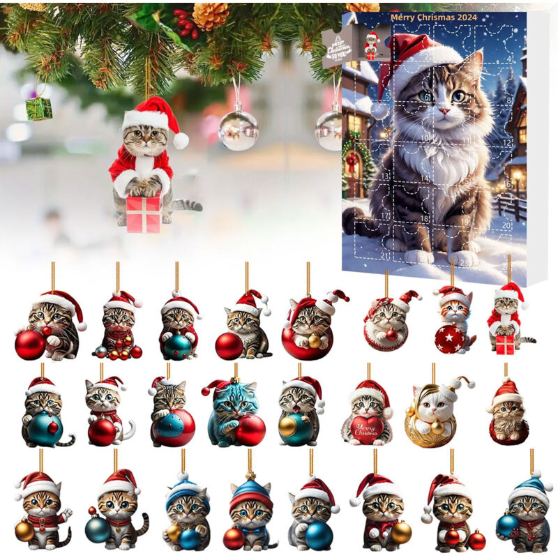Adventskalender 2024 mit Katze, Adventskalender mit Weihnachtskatzenanhänger, Weihnachtsdekoration für Katzenliebhaber