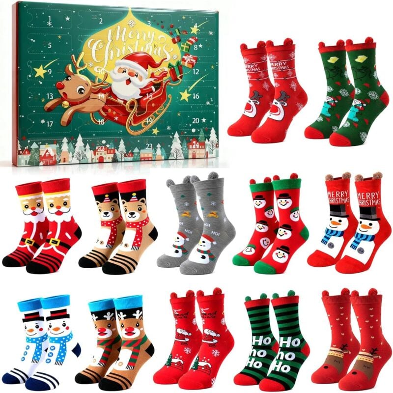 Adventskalender 2025, 12 Paar Weihnachtsstrümpfe, Adventskalender-Socken, Weihnachtssocken mit Weihnachtsmotiven, Weihnachtssocken für den Advent und