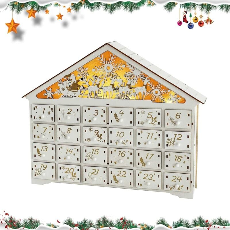 Adventskalender aus Holz mit 24 Schubladen und LED-Beleuchtung, wiederverwendbarer leerer Adventskalender zum Selbstbefüllen, einzigartige