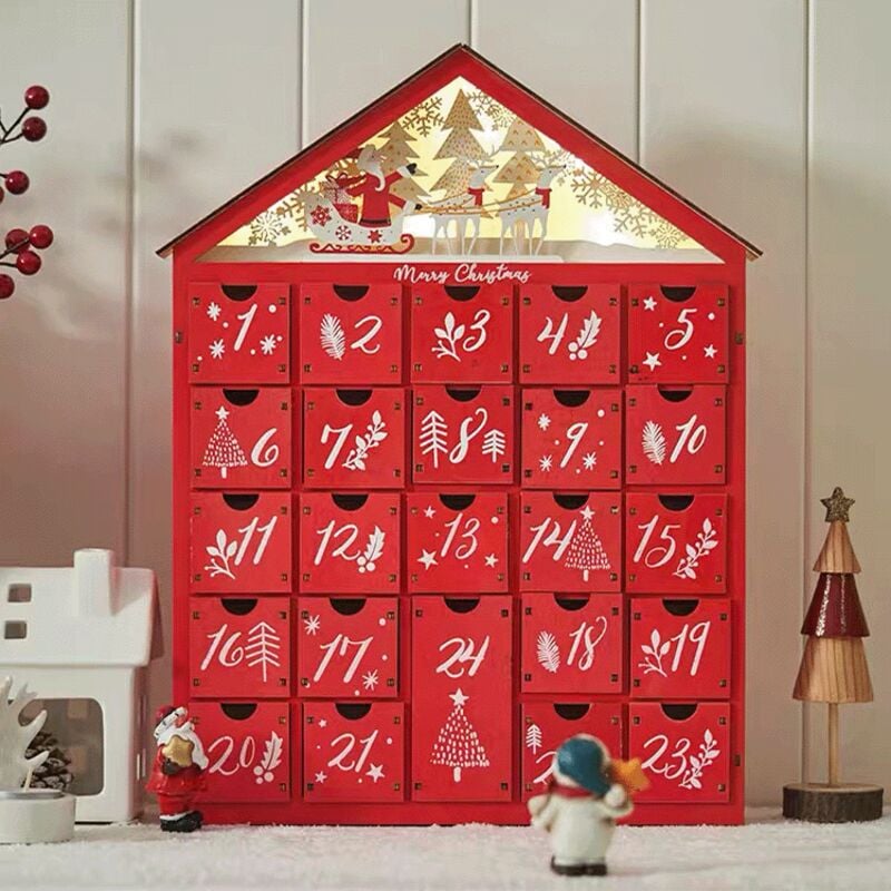 Adventskalender aus Holz mit 24 Schubladen – Weihnachtsdekoration mit Rentiermotiv – Befüllbarer Adventskalender zum Selbstgestalten mit