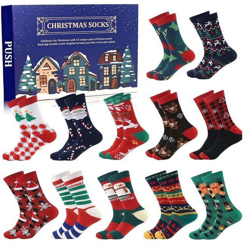 Adventskalender mit Socken für die 12 Weihnachtstage, Weihnachtssocken-Adventskalender 2024, Weihnachtssocken-Set mit Cartoon-Motiven, ideal für