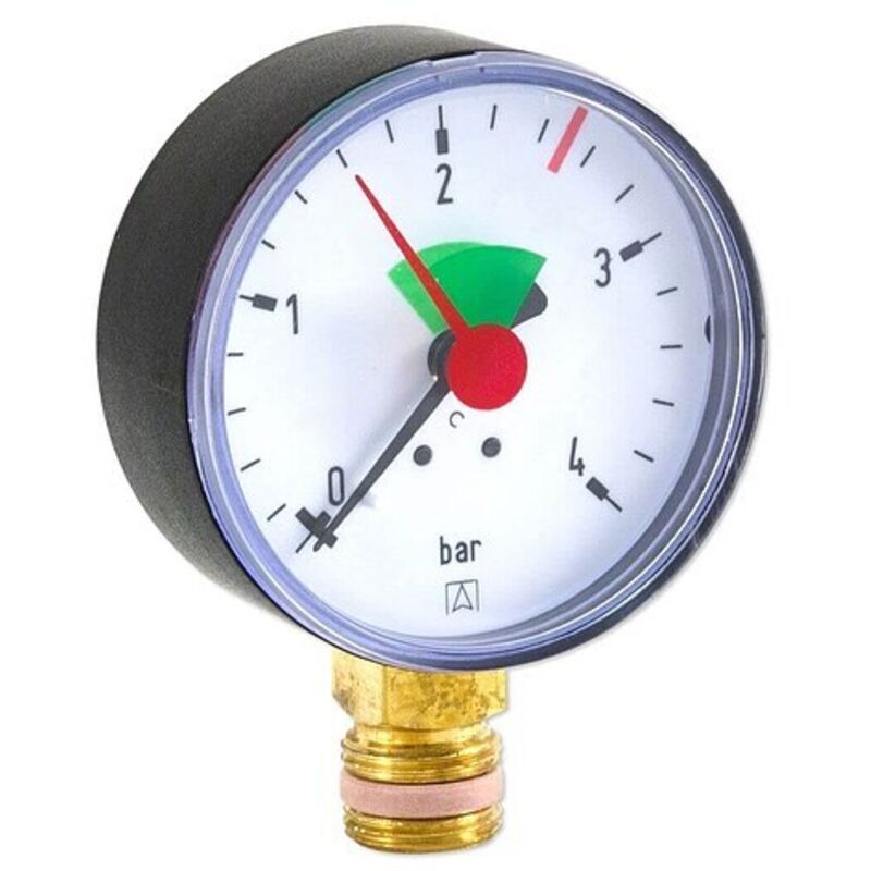 AFRISO Manometer HZ 63 - Anschluss radial 3/8'' AG selbstdichtend, Anzeige 0-4 bar, rote Markierung bei 2,5 bar