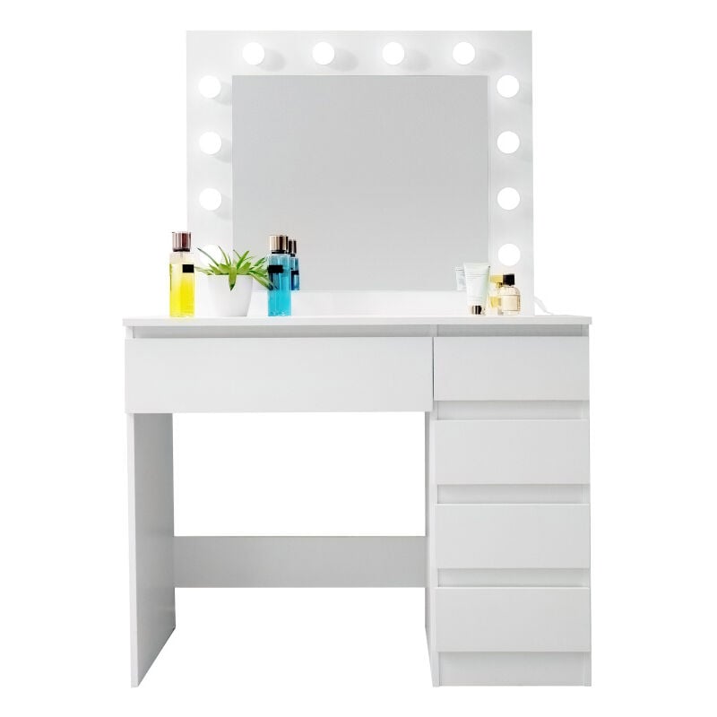 Aga24 - Aga Schminktisch mit LED-Beleuchtung und Steckdosen, Schminktisch mit Spiegel, Weiß matt