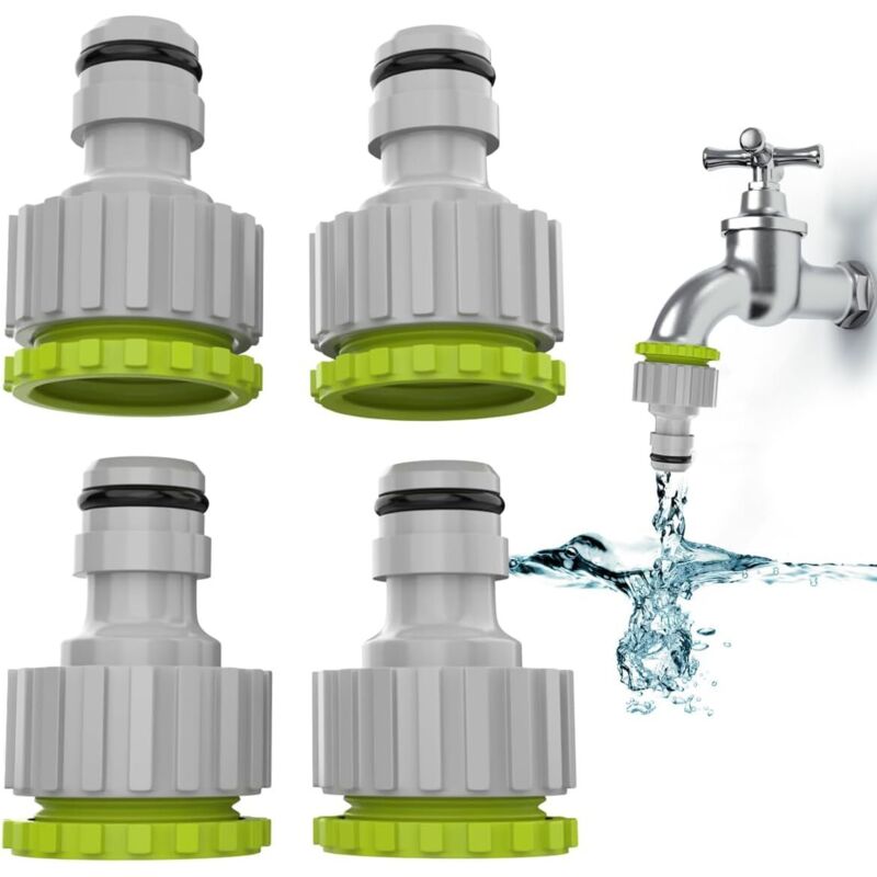 Ahlsen - 2-in-1-Wasserhahn-Armatur – 4er-Pack, 1/2 Zoll und 3/4 Zoll Garten-Wasserhahn-Anschluss, Wasserhahn-Armatur, Schlauch-Armaturen-Set für die