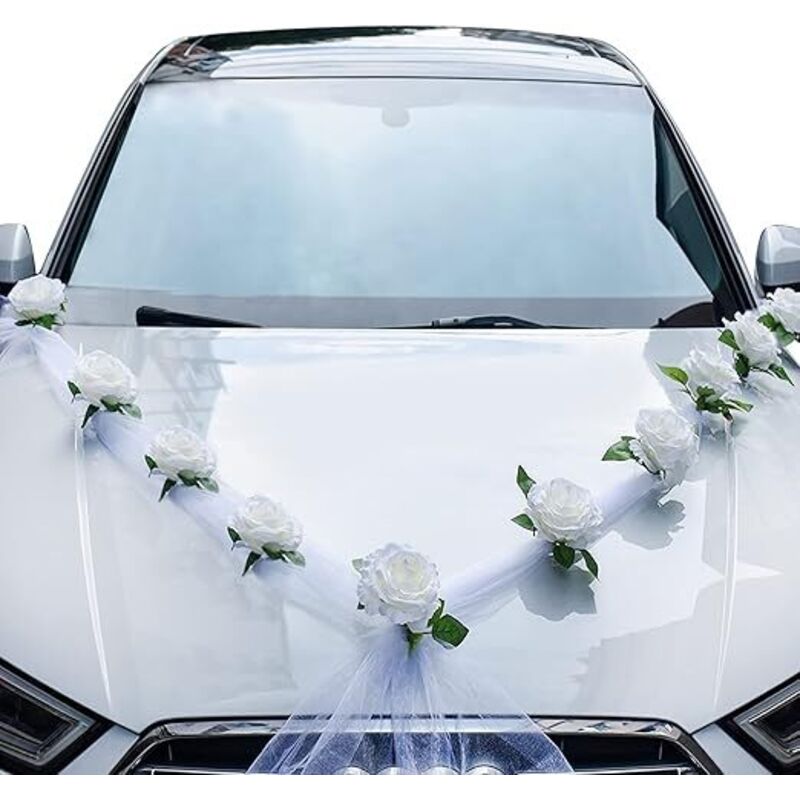 Hochzeitsauto-Dekoration, Hochzeitsauto-Dekorationsset, weiße künstliche Blumen und weißes Band für Hochzeitsauto, Hochzeitsauto-Dekoration - Ahlsen