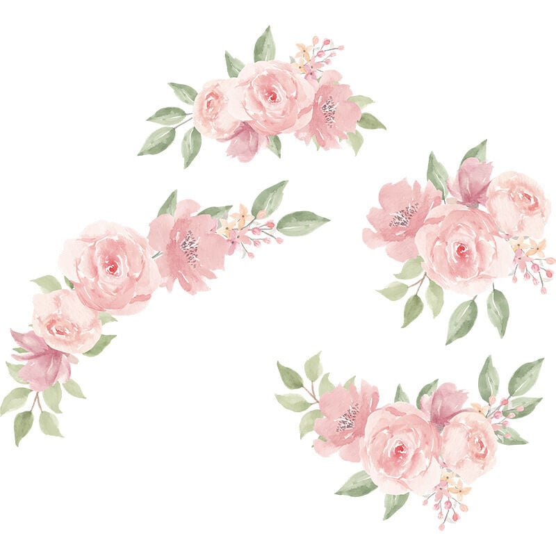 Ahlsen - Satz Wandaufkleber mit rosa Blumen, elegante Aquarell-Wandaufkleber mit rosa Blumen, rosa Blumentapete für Wohnzimmer, Schlafzimmer,