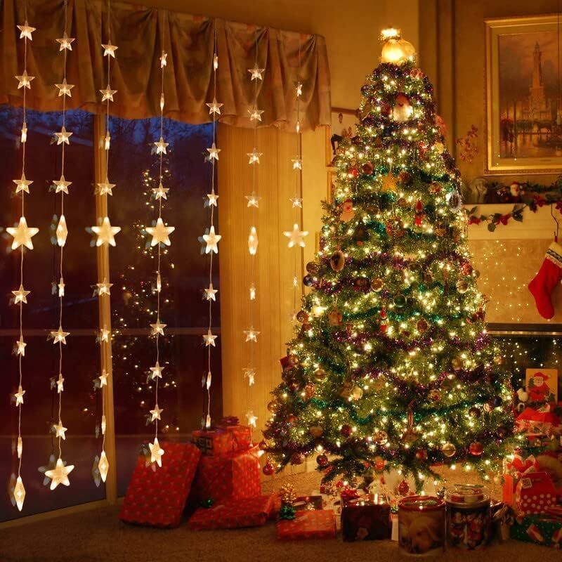 Spiegel-Lichterkette, 80 Sterne, 144 LEDs, anschließbarer Sternvorhang, 2 m x 1,5 m, mit 8 Modi, Fernbedienung, Fenster-Lichterkette,