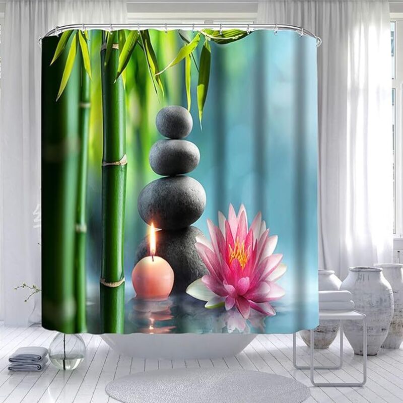 Zen-Duschvorhang, Duschvorhang 90 x 180, Duschvorhang aus Bambusstoff, Blumenwasser, Badezimmer-Duschvorhang - Ahlsen
