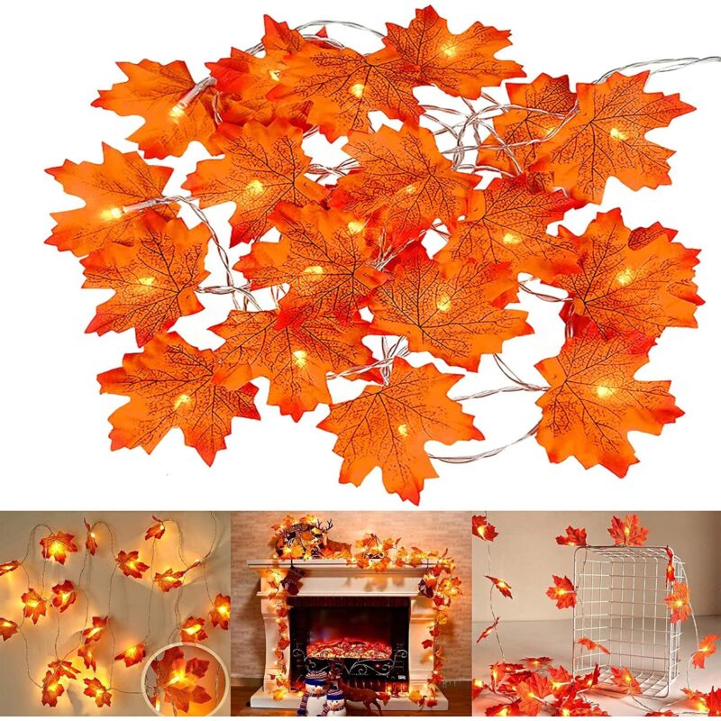 Ahornblatt-Lichterkette, Herbst-Ahornblatt-Girlande, 6 m, batteriebetriebene Lichterkette, Weihnachtsdekoration, Thanksgiving-Dekoration, 2 Stück, 40