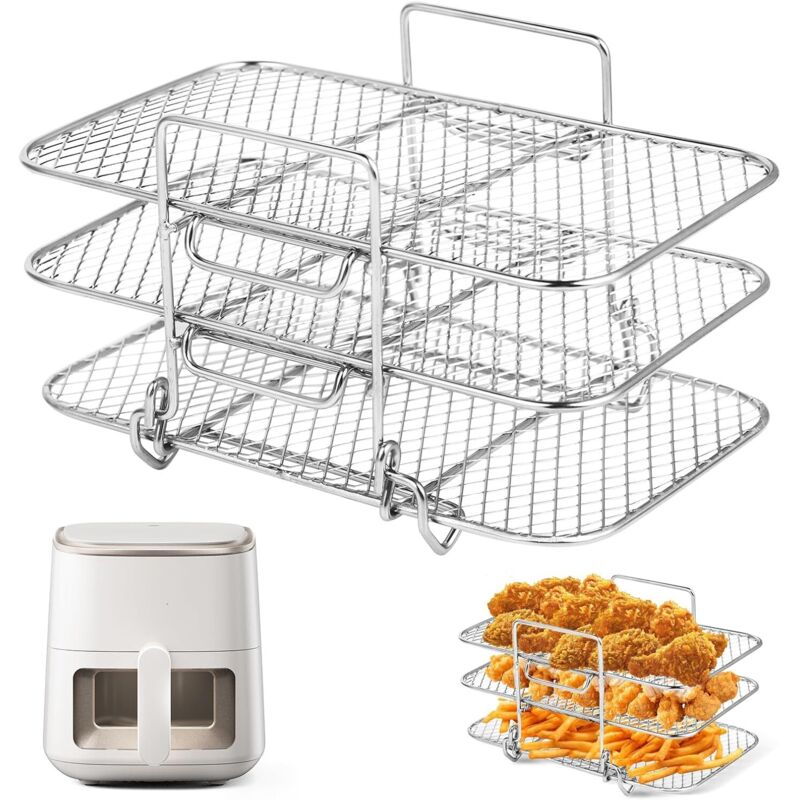 Air-Fryer-Rack – Air-Fryer-Zubehör – Multifunktional, dreilagig, stapelbar, kompatibel – Edelstahl 304 – Zubehör für Ninja Foodi Dual Zone Fryer