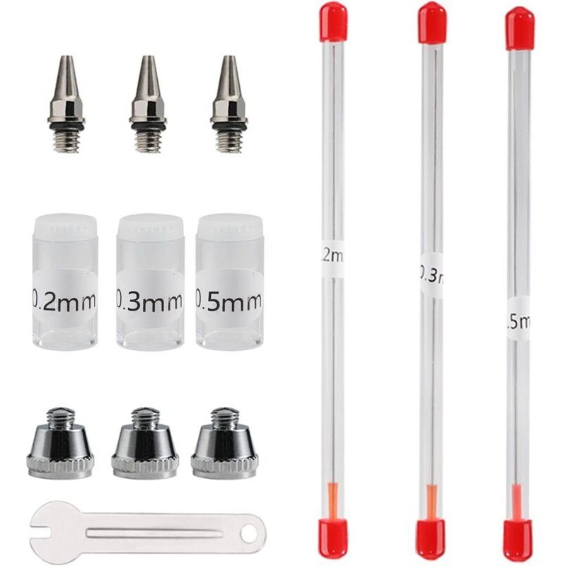 Airbrush-Düse und Nadel 0,2 mm, 0,3 mm, 0,5 mm, Ersatzteile für Spritzpistolen, Set mit verstellbarem Schraubenschlüssel