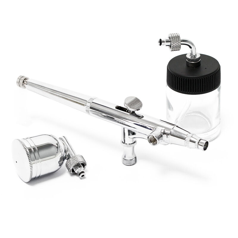 Wiltec Airbrush Pistole Typ 134 mit Double Action Funktion, Düse Ø 0,3 mm, 2 Farbbecher, Pipette, Adapter für Modellbau, Nailart usw.