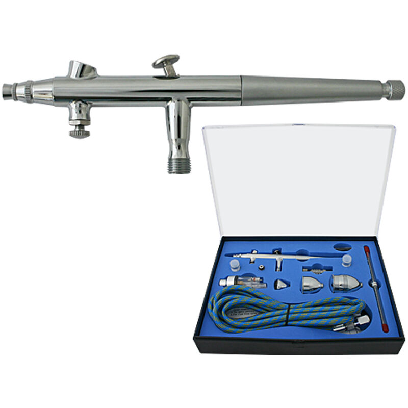 Airbrush Pistole Typ 186K mit Double Action Funktion, Düse ø 0,2-0,5 mm, 3 Farbbecher, Adapter für Modellbau, Nailart usw. - Wiltec