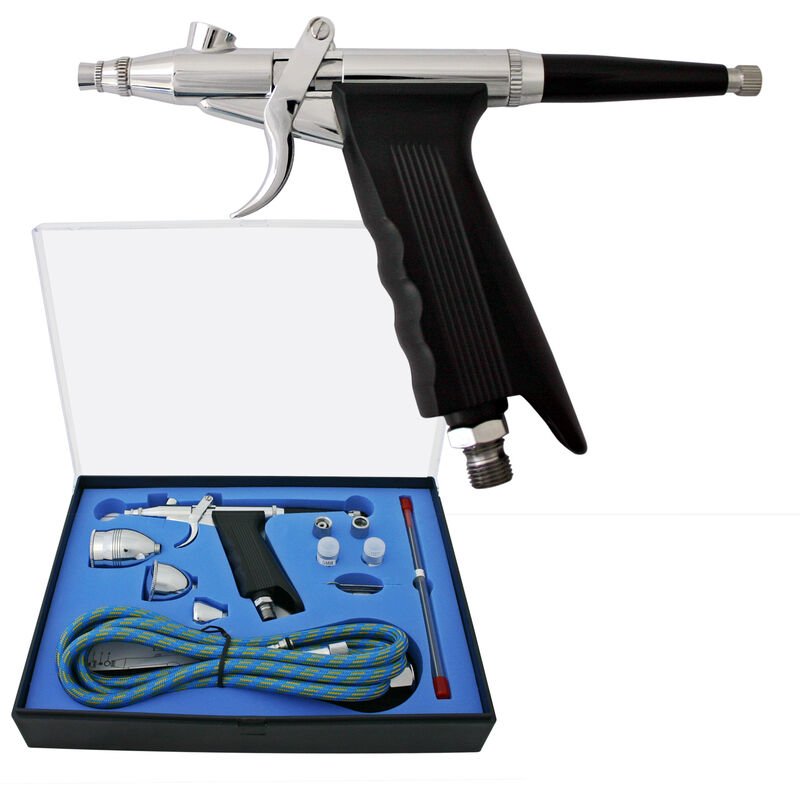 Airbrush Pistole Set Typ 116AK mit Double Action Funktion, Nadel und Düse ø 0,2-0,5 mm, 3 Farbbecher, Adapter für Modellbau, Nailart usw. - Wiltec