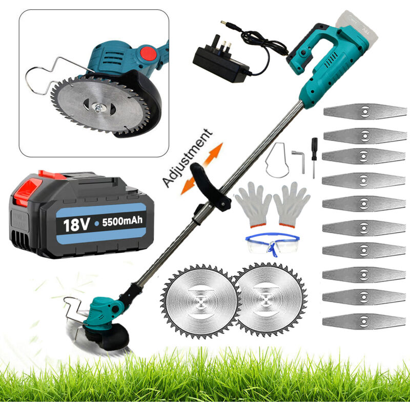 Akku-Fadenschneider, kabelloser Gartenkantenschneider, 18-V-Elektroakku, Rasentrimmer + Klingen + 5,5-A-Akku + Ladegerät, kompatibel mit Makita-Akku
