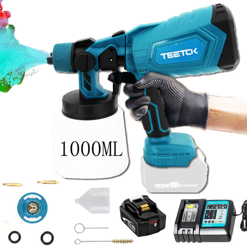 Akku Farbsprühsystem Set Elektrische Farbspritzpistole Farbspritzgerät Lackierpistole 1000ml +5.5A Akku+DC18RC Ladegerät,Kompatibel mit Makita-Akku