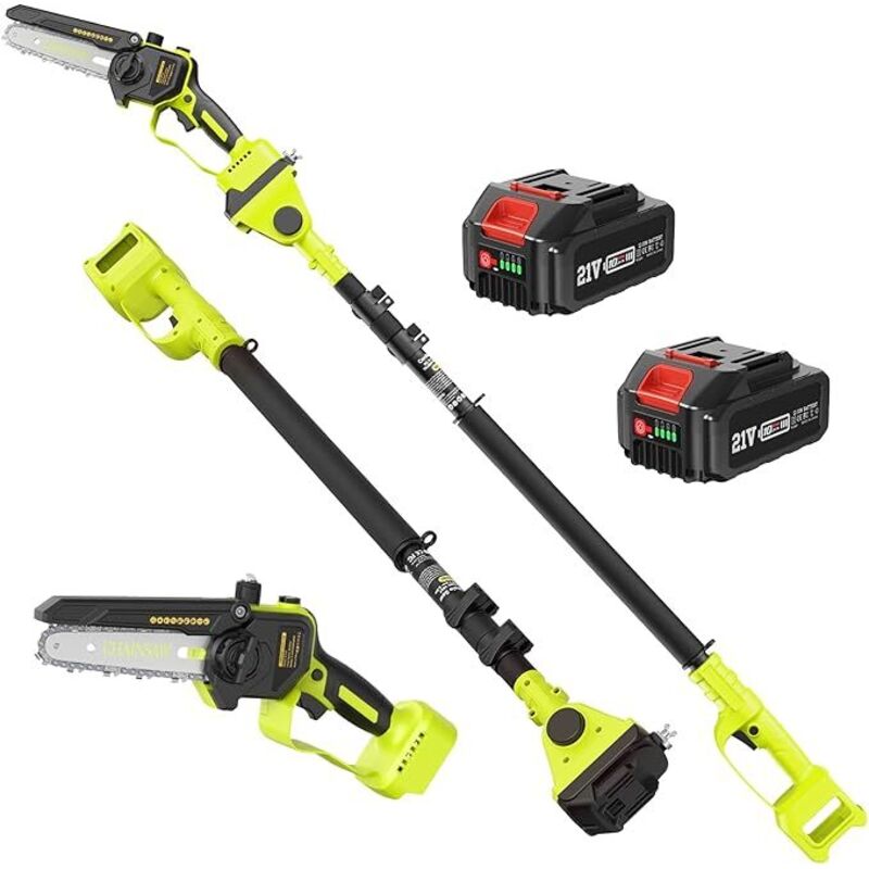Akku-Hochentaster, 6 Zoll Mini Akku Kettensäge mit Verlängerung bis 4,6 m, Elektro Astsäge Teleskop mit 2 x 4000 mAh Akku & Ladegerät, Motorkopf 180°