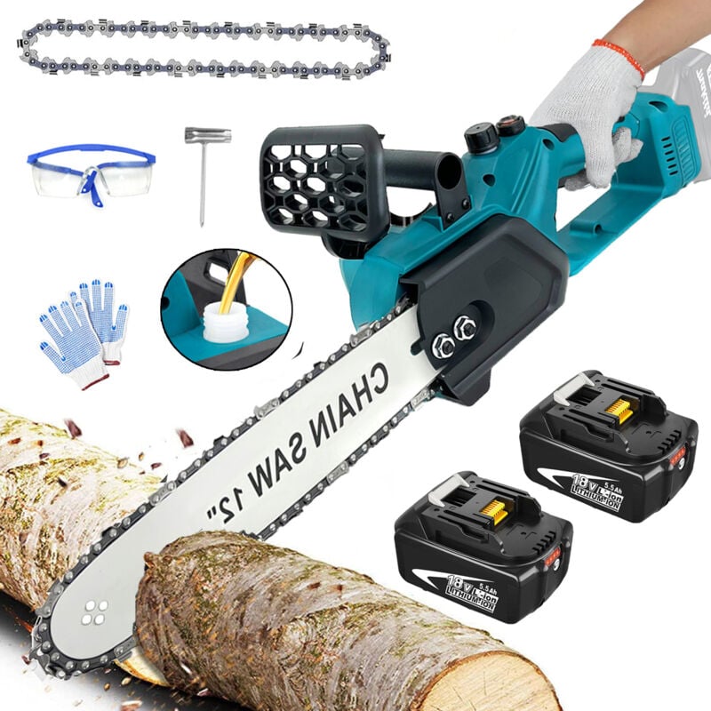 Akku-Kettensäge, 12 Zoll bürstenlose Akku-Kettensäge Akku-Elektrosäge geschmierte Kettensäge mit Ketten + 2 5,5-A-Akkus (ohne Ladegerät), kompatibel
