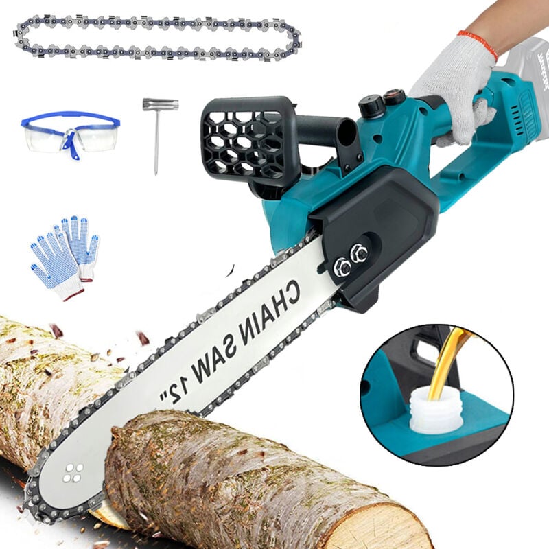 Akku-Kettensäge, 12 Zoll bürstenlose Akku-Kettensäge, kabellose elektrische Säge, geölte Kettensäge mit Ketten (keine Batterie), kompatibel mit