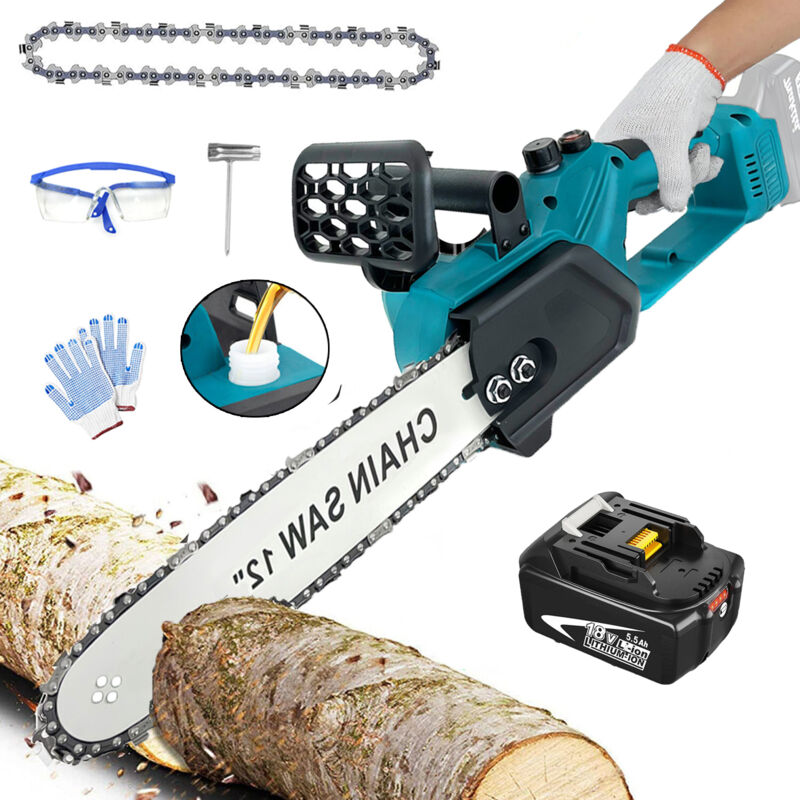 Akku-Kettensäge, 12 Zoll bürstenlose Akku-Kettensäge, kabellose elektrische Säge, geschmierte Kettensäge mit Ketten + 1 5,5 A Akku (kein Ladegerät),