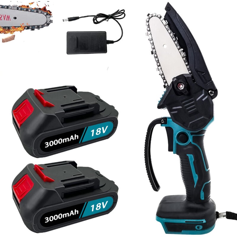 Akku-Kettensägen, 4-Zoll-Elektro-Kettensägen mit Kabel, Einhand-Mini-Kettensäge,Kompatibel mit Makita-Akku, mit 2 x 3000 mAh Akku + Ladegerät, für