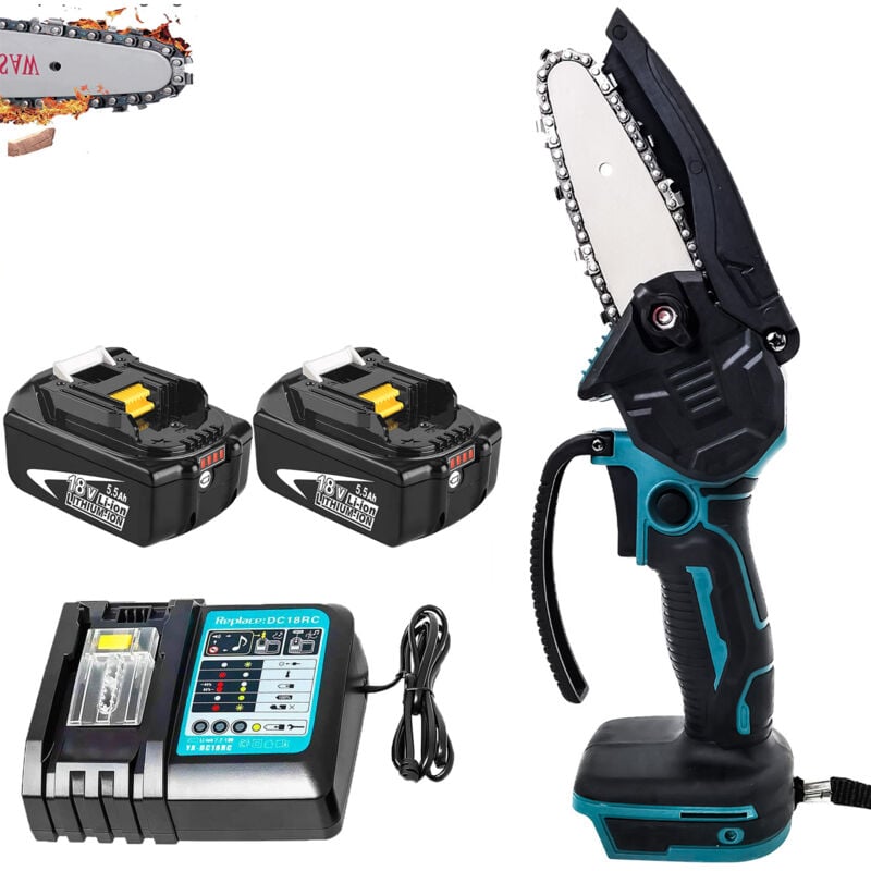 Akku-Kettensägen, 4-Zoll-Elektrokettensägen mit Kabel, Einhand-Mini-Kettensäge,Kompatibel mit Makita-Akku, mit 2 x 5500-mAh-Akku + DC18RC-Ladegerät,