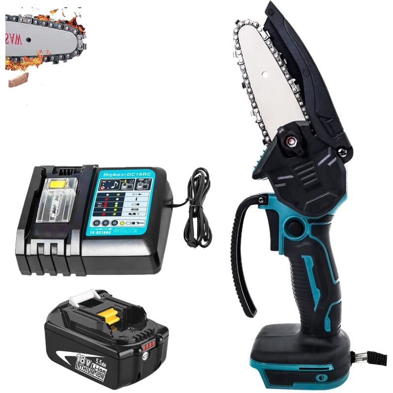 Akku-Kettensägen, 4-Zoll-Elektrokettensägen mit Kabel, Einhand-Mini-Kettensäge, Kompatibel mit Makita-Akku, mit 5,5-A-Akku + DC18RC-Ladegerät, für