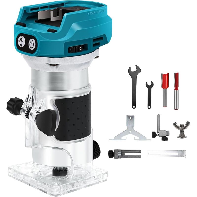 Akku-Oberfräse, kompatibel mit Makita 18V-Akku, 1300W, Einhandbedienung, 6 Geschwindigkeiten, 28.000 U/min, ideal für die Holzbearbeitung (Akku nicht