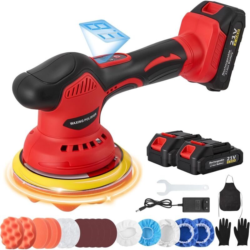 Akku-Poliermaschine, 21V Poliermaschine mit 2 Akkus, 8 variable Geschwindigkeiten 2800-5500 U/min, Exzenterpolierset für Fahrzeugaufbereitung,