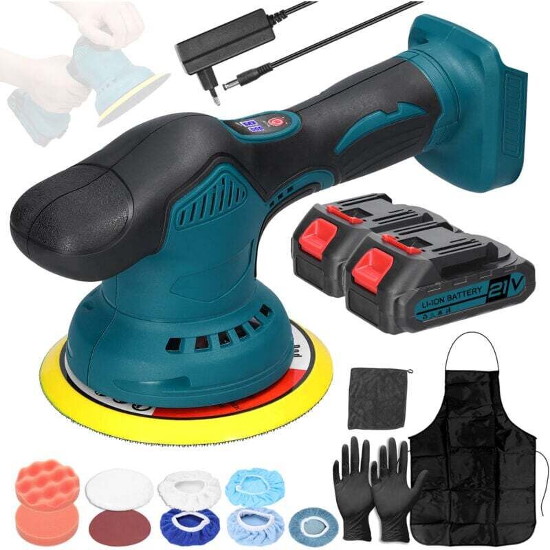 Akku-Poliermaschine, 6-Zoll-Rotationspoliermaschine mit 2 x 21V 1300mAh Akkus, 6 variable Geschwindigkeiten 2800-5500 U/min zum Polieren und Wachsen